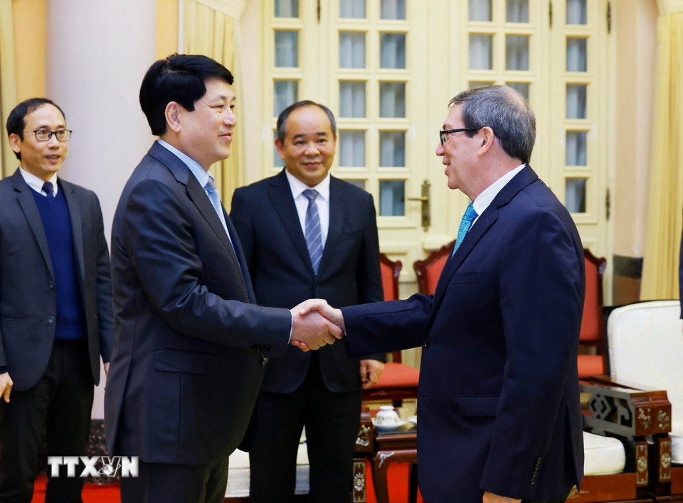 Chủ tịch nước Lương Cường tiếp Bộ trưởng Ngoại giao Cuba Bruno Rodríguez Parrilla. (Ảnh: Lâm Khánh/TTXVN)