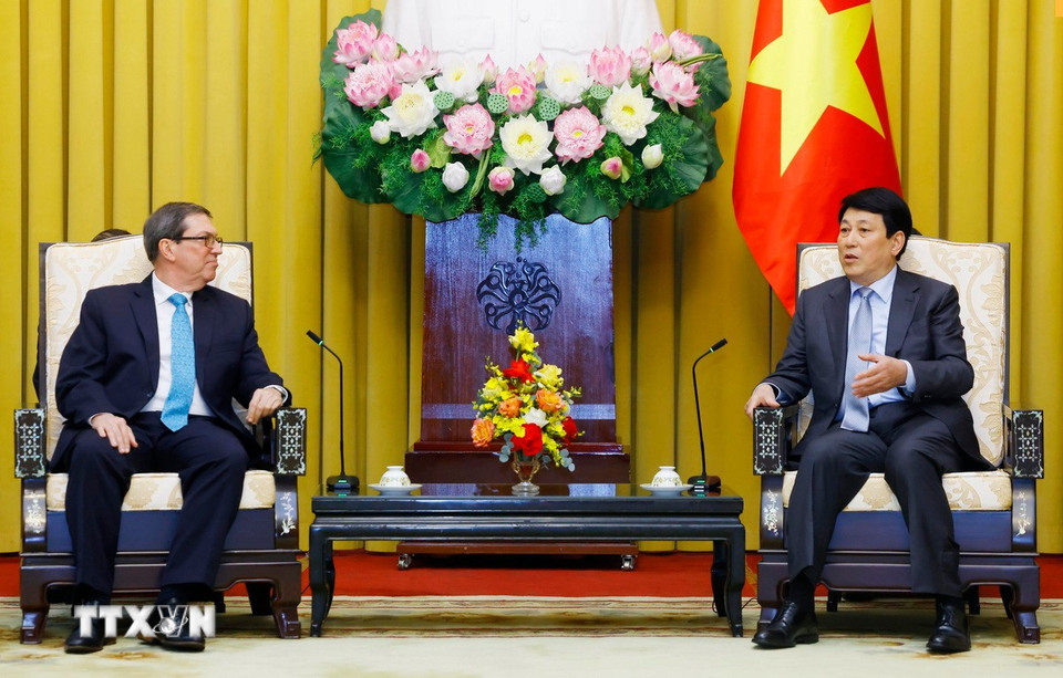 Chủ tịch nước Lương Cường tiếp Bộ trưởng Ngoại giao Cuba Bruno Rodríguez Parrilla. (Ảnh: Lâm Khánh/TTXVN)