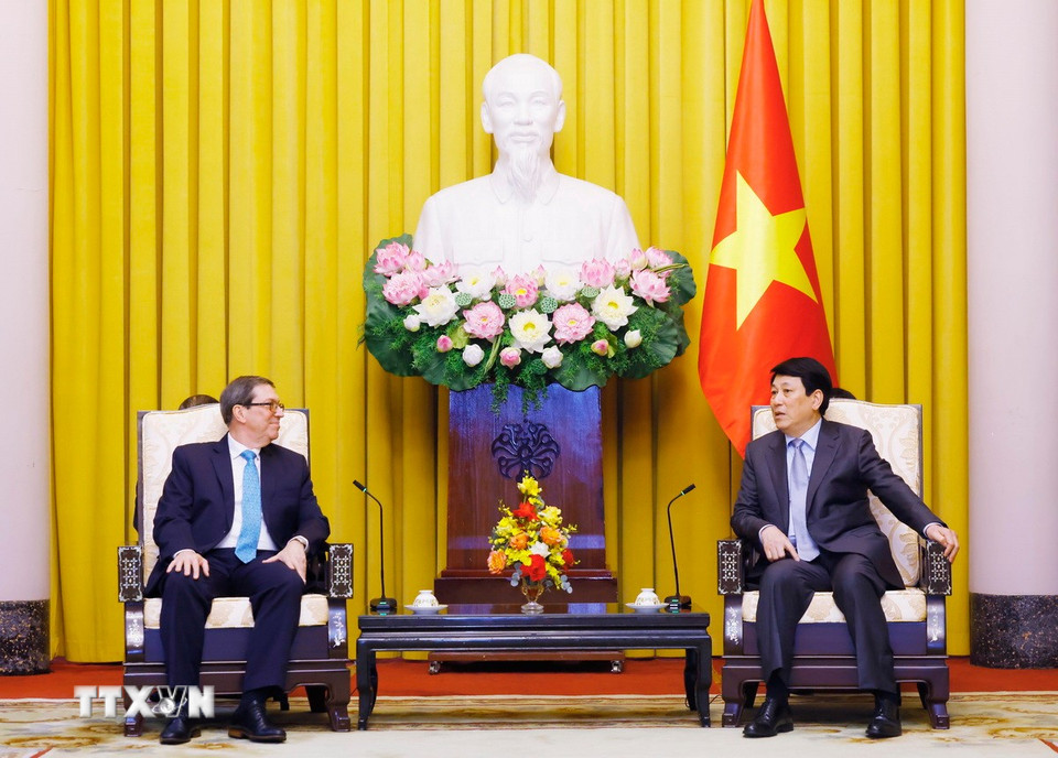 Chủ tịch nước Lương Cường tiếp Bộ trưởng Ngoại giao Cuba Bruno Rodríguez Parrilla. (Ảnh: Lâm Khánh/TTXVN)