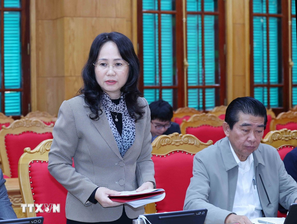 Đồng chí Lâm Thị Phương Thanh, Ủy viên Trung ương Đảng, Phó Chánh Văn phòng Thường trực Văn phòng Trung ương Đảng phát biểu tại hội nghị. (Ảnh: Phương Hoa/TTXVN)