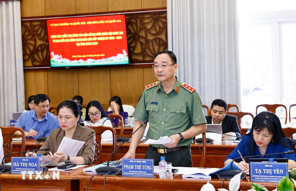 Thượng tướng Phạm Thế Tùng, Ủy viên Trung ương Đảng, Thứ trưởng Bộ Công an, Phó Trưởng tiểu ban An ninh trật tự và an toàn xã hội-Hội đồng Bầu cử Quốc gia phát biểu. (Ảnh: Doãn Tấn/TTXVN)