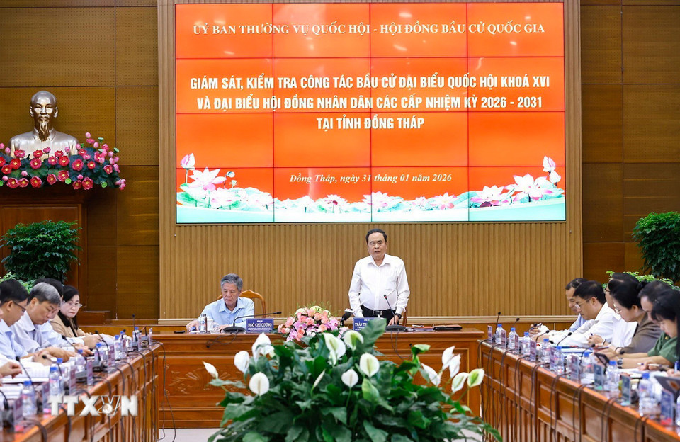 Chủ tịch Quốc hội Trần Thanh Mẫn phát biểu tại buổi làm việc với Ủy ban Bầu cử tỉnh Đồng Tháp. ﻿(Ảnh: Doãn Tấn/ TTXVN)