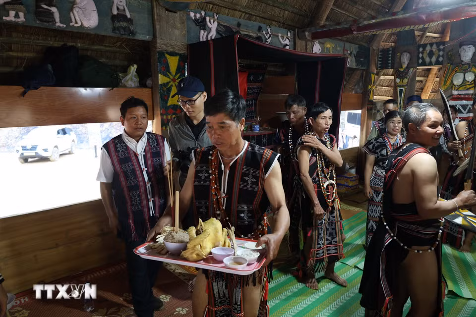 Mâm lễ khai năm tạ ơn rừng được đồng bào Cơ Tu (xã Hùng Sơn, thành phố Đà Nẵng) chuẩn bị. (Ảnh: Khoa Chương/TTXVN)