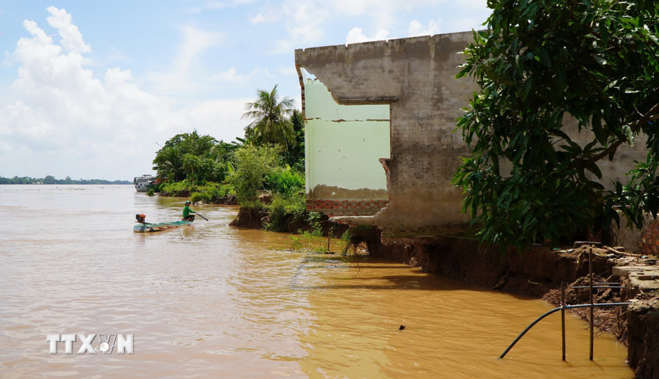 Nhiều căn nhà của người dân ở ấp Tân Quới, xã Tân Long (Đồng Tháp) bị sạt lở xuống sông Tiền. (Ảnh: Nhựt An/TTXVN)