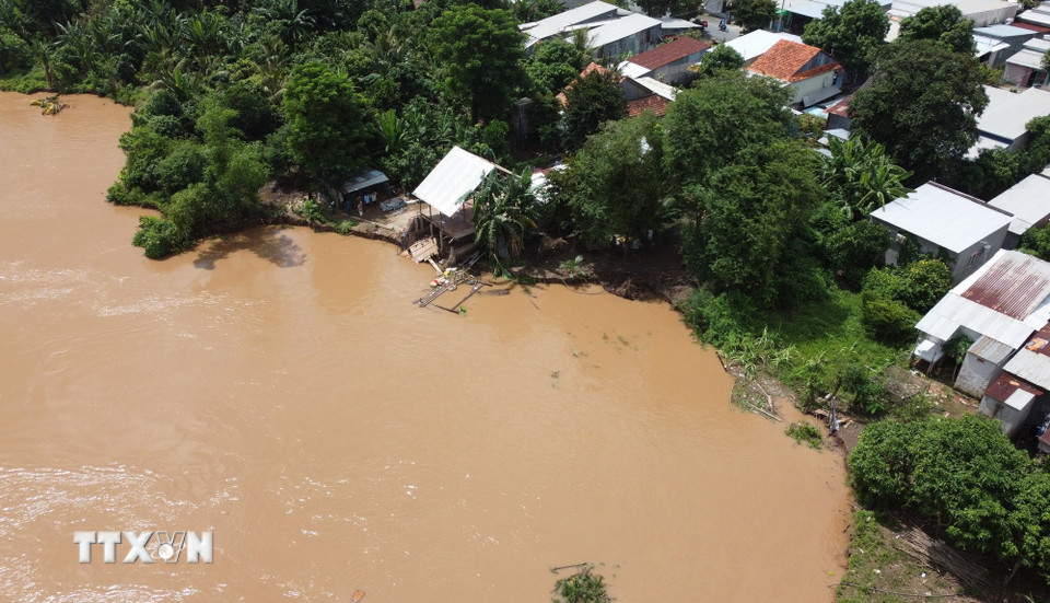 Điểm sạt lở bờ sông Tiền, thuộc ấp Tân Quới, xã Tân Long, tỉnh Đồng Tháp. (Ảnh: Nhựt An/TTXVN)