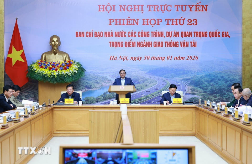 Thủ tướng Phạm Minh Chính chủ trì Phiên họp thứ 23 của Ban Chỉ đạo các công trình, dự án quan trọng quốc gia, trọng điểm ngành giao thông vận tải. (Ảnh: Dương Giang/TTXVN)