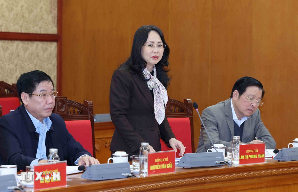 Đồng chí Lâm Thị Phương Thanh, Ủy viên Trung ương Đảng, Thứ trưởng Thường trực Bộ Văn hoá, Thể thao và Du lịch phát biểu tại buổi làm việc. (Ảnh: Phương Hoa/TTXVN)