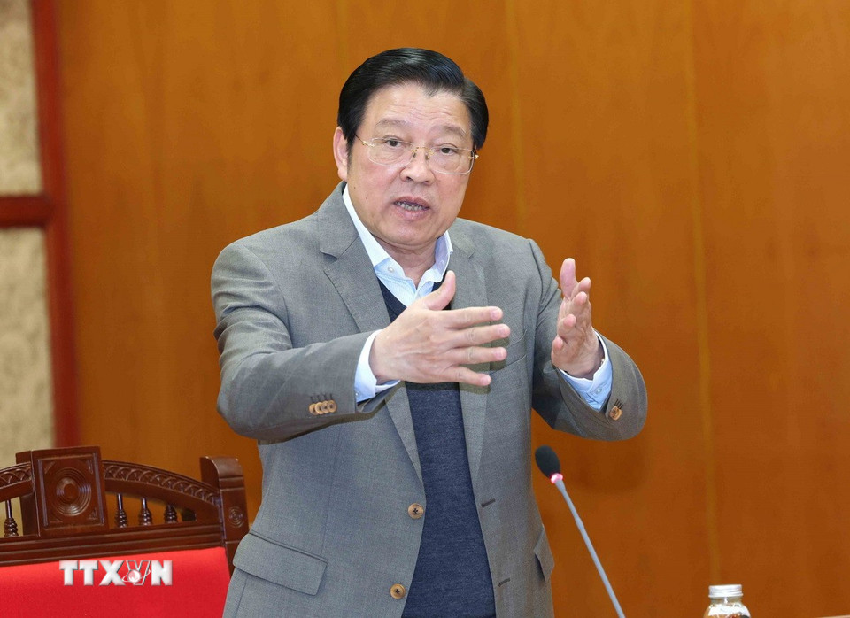 Đồng chí Phan Đình Trạc, Ủy viên Bộ Chính trị, Bí thư Trung ương Đảng, Trưởng Ban Nội chính Trung ương phát biểu tại buổi làm việc. (Ảnh: Phương Hoa/TTXVN)