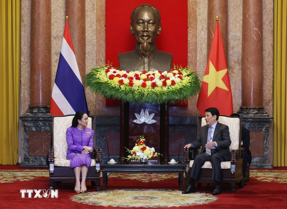 Chủ tịch nước Lương Cường tiếp Thủ tướng Thái Lan Paetongtarn Shinawatra. (Ảnh: Lâm Khánh/TTXVN)