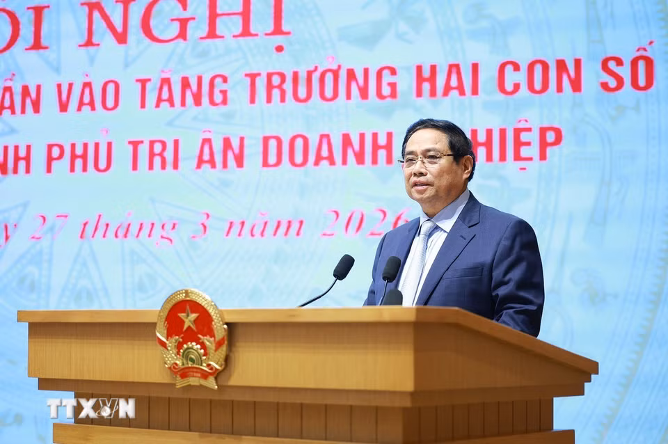 Thủ tướng Phạm Minh Chính chủ trì Hội nghị Doanh nghiệp góp phần vào tăng trưởng hai con số và Thủ tướng Chính phủ tri ân doanh nghiệp. (Ảnh: Dương Giang/TTXVN)