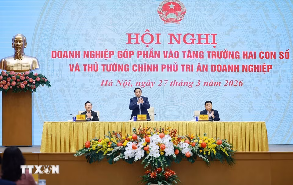 Thủ tướng Phạm Minh Chính chủ trì Hội nghị Doanh nghiệp góp phần vào tăng trưởng hai con số và Thủ tướng Chính phủ tri ân doanh nghiệp. (Ảnh: Dương Giang/TTXVN)