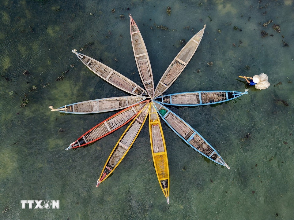 Những chiếc thuyền gỗ giúp du khách dễ dàng di chuyển và tìm hiểu về sự phong phú của hệ sinh thái nơi đây. (Ảnh: Khánh Hòa/TTXVN)