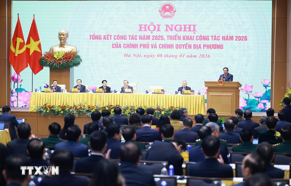 Thủ tướng Phạm Minh Chính khai mạc Hội nghị tổng kết công tác năm 2025, triển khai công tác năm 2026 của Chính phủ và chính quyền địa phương. (Ảnh: Dương Giang/TTXVN)