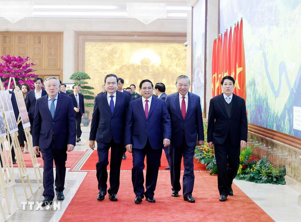 Tổng Bí thư Tô Lâm và các đồng chí lãnh đạo Đảng, Nhà nước dự Hội nghị. (Ảnh: Thống Nhất/TTXVN)