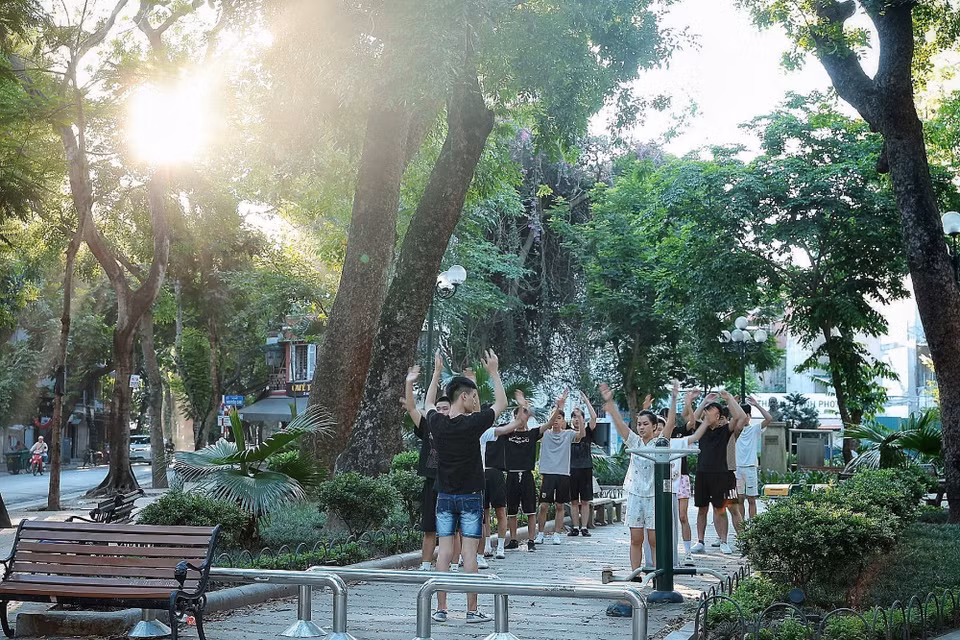 Người dân tập thể dục dưới những tán cây xanh giữa lòng Hà Nội từ sớm. (Ảnh: Phạm Tuấn Anh/TTXVN)