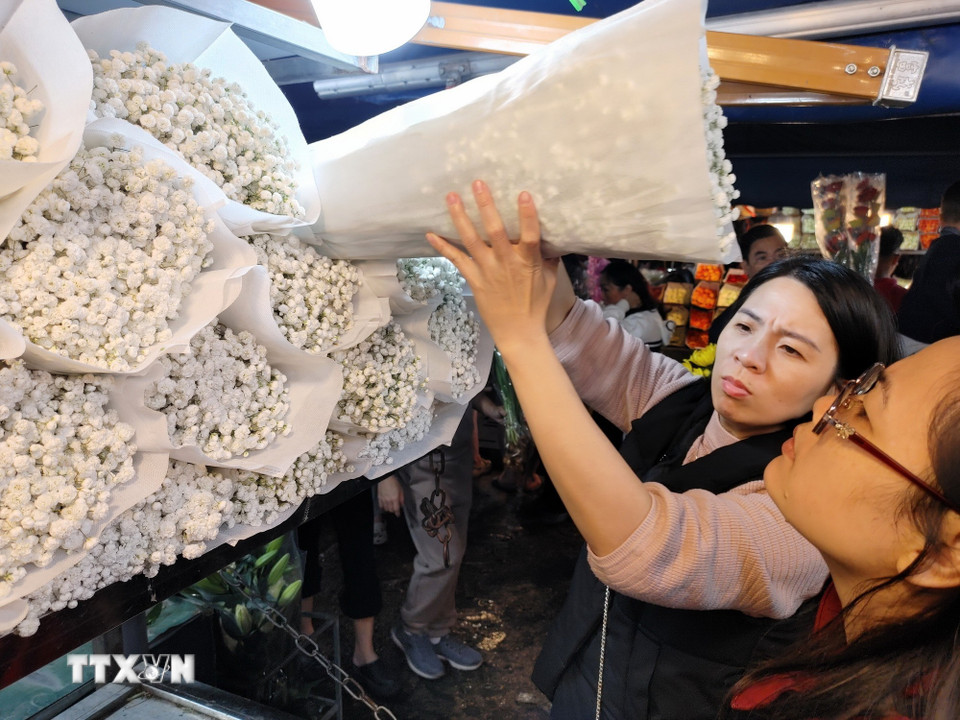 Người dân Hà Nội chọn mua hoa tại chợ. (Ảnh: Nguyễn Cúc/TTXVN)