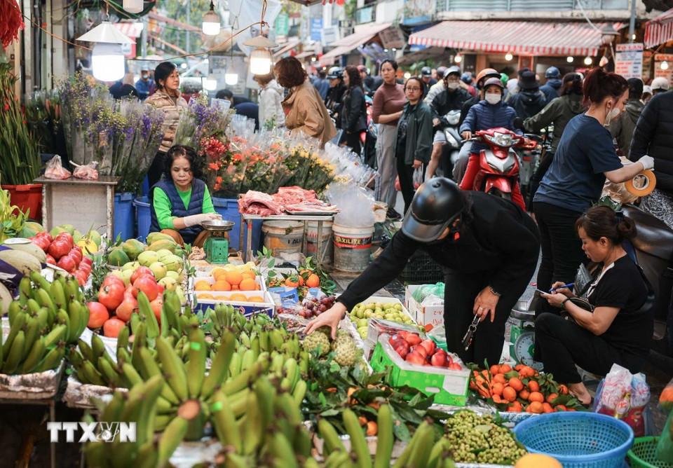 Khu vực bán hoa, quả được nhiều người đến lựa chọn, tìm mua. (Ảnh: Hoàng Hiếu/ TTXVN)