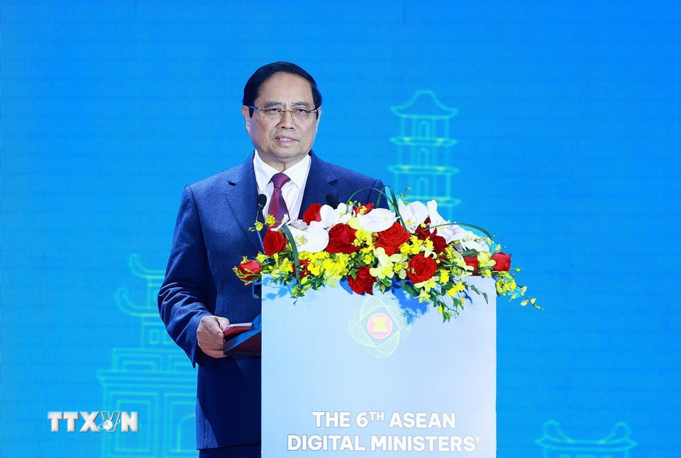 Thủ tướng Phạm Minh Chính phát biểu tại Lễ khai mạc Hội nghị Bộ trưởng Số ASEAN (ADGMIN) lần thứ 6. (Ảnh: Dương Giang/TTXVN)