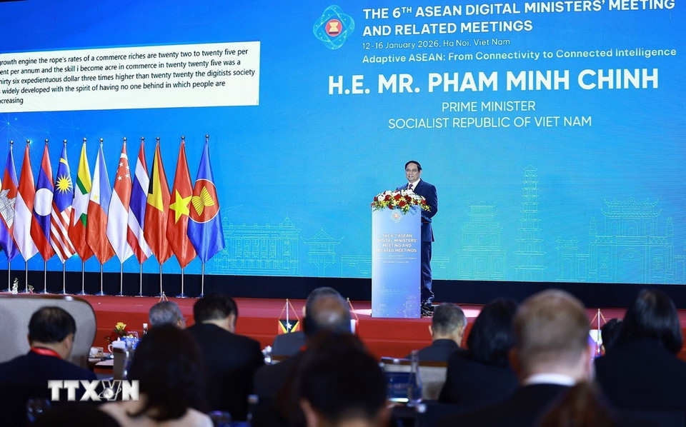 Thủ tướng Phạm Minh Chính phát biểu tại Lễ khai mạc Hội nghị Bộ trưởng Số ASEAN (ADGMIN) lần thứ 6. (Ảnh: Dương Giang/TTXVN)