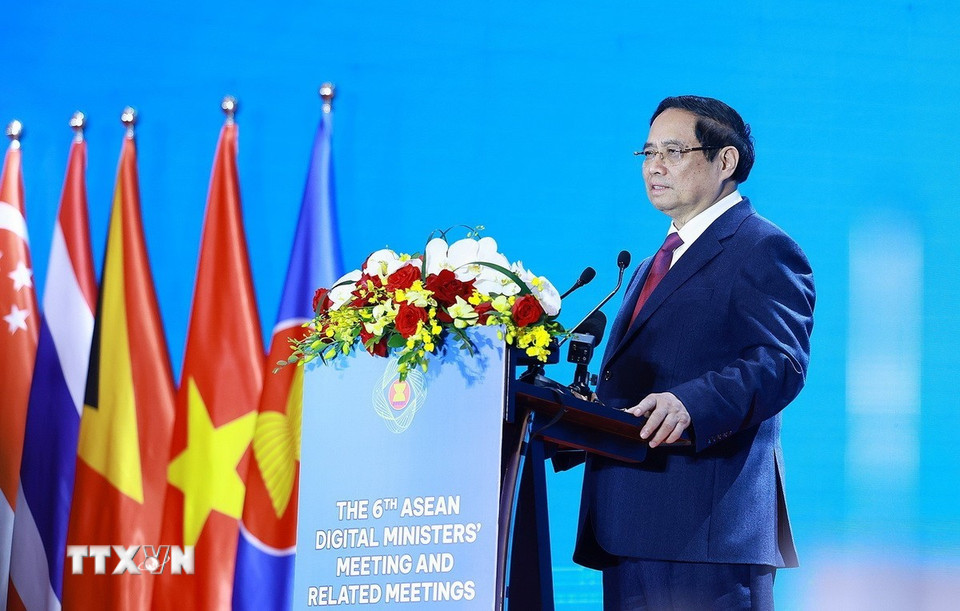 Thủ tướng Phạm Minh Chính phát biểu tại Lễ khai mạc Hội nghị Bộ trưởng Số ASEAN (ADGMIN) lần thứ 6. (Ảnh: Dương Giang/TTXVN)