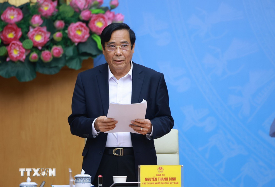 Chủ tịch Hội người cao tuổi Việt Nam Nguyễn Thanh Bình báo cáo nội dung về kinh tế bạc trên thế giới và thích ứng chính sách, chiến lược của Việt Nam. (Ảnh: Dương Giang/TTXVN)