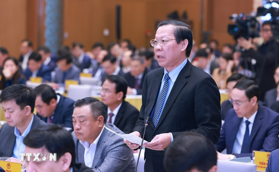 Chủ tịch Ủy ban Nhân dân Thành phố Hồ Chí Minh Phan Văn Mãi phát biểu. (Ảnh: Dương Giang/TTXVN)