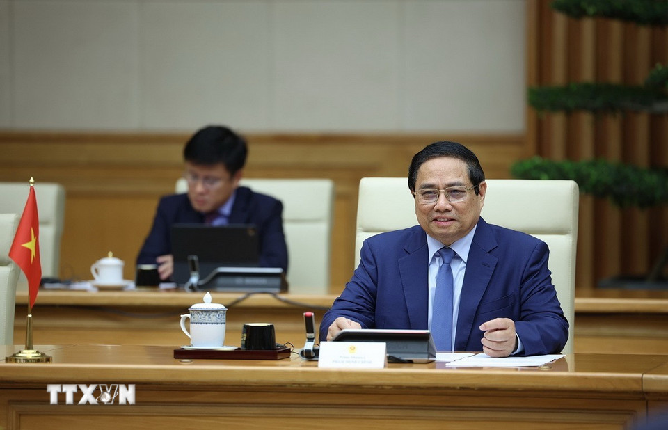 Thủ tướng Phạm Minh Chính phát biểu tại cuộc hội kiến Tổng thống Hungary Sulyok Tamas. (Ảnh: Dương Giang/TTXVN)