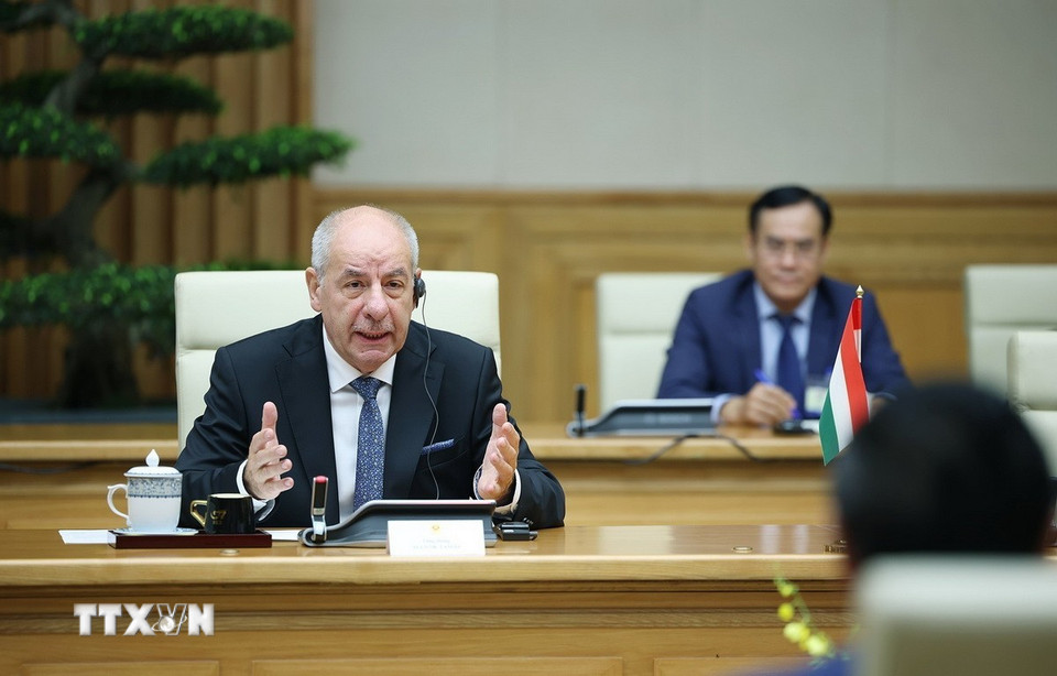 Tổng thống Hungary Sulyok Tamas phát biểu tại cuộc hội kiến Thủ tướng Phạm Minh Chính. (Ảnh: Dương Giang/TTXVN)