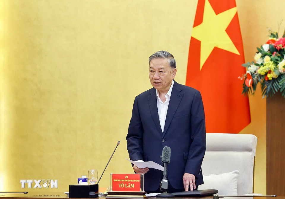 Tổng Bí thư Tô Lâm, Trưởng Đoàn kiểm tra phát biểu ý kiến. (Ảnh: Doãn Tấn/TTXVN)