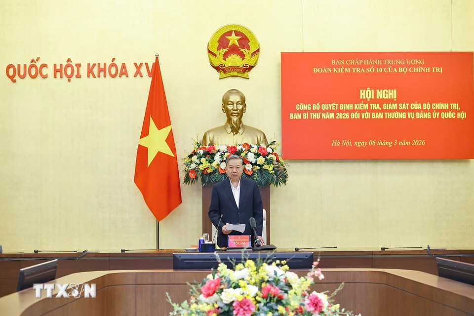 Tổng Bí thư Tô Lâm, Trưởng Đoàn kiểm tra phát biểu ý kiến. (Ảnh: Doãn Tấn/TTXVN)