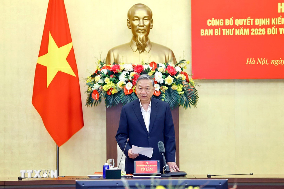 Tổng Bí thư Tô Lâm, Trưởng Đoàn kiểm tra phát biểu ý kiến. (Ảnh: Doãn Tấn/TTXVN)