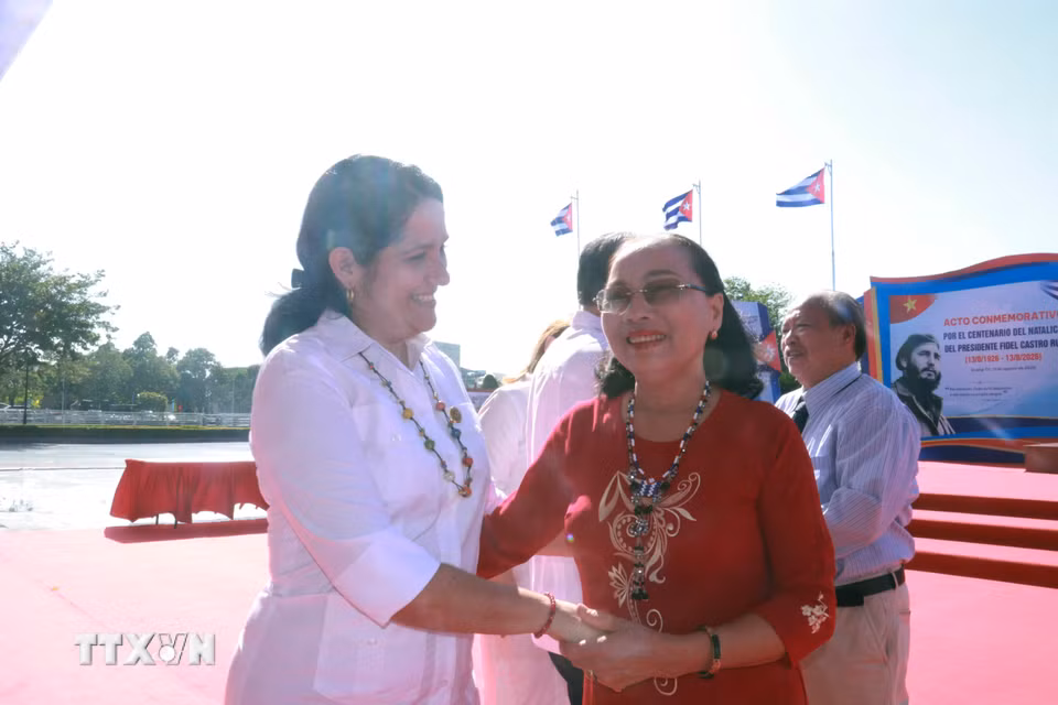 Bà Nguyễn Thị Hương, người được lãnh tụ vĩ đại Fidel Castro trực tiếp cứu sống sau khi bị thương nặng do bom mìn vào năm 1973, trò chuyện với các đại biểu của Đại sứ quán Cộng hòa Cuba tại công viên Fildel, tỉnh Quảng Trị. (Ảnh: Tường Vi/TTXVN)