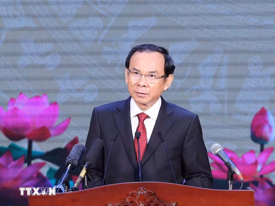 Ông Nguyễn Văn Nên, Ủy viên Bộ Chính trị, Bí thư Thành ủy Thành phố Hồ Chí Minh phát biểu. (Ảnh: Thống Nhất/TTXVN)