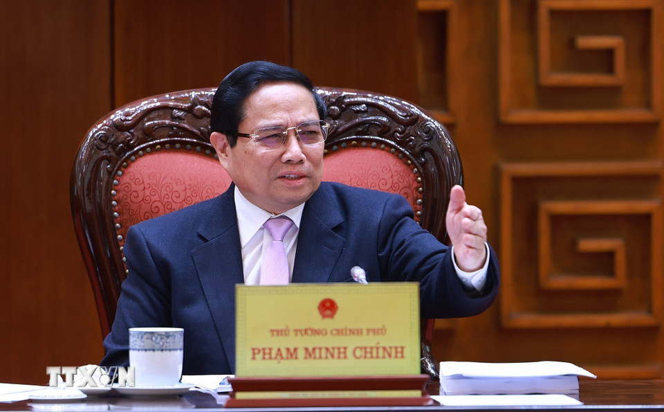 Thủ tướng Phạm Minh Chính, Trưởng Ban chỉ đạo chủ trì Phiên họp lần thứ 10 của Ban Chỉ đạo tinh gọn bộ máy của Chính phủ. (Ảnh: Dương Giang/TTXVN)