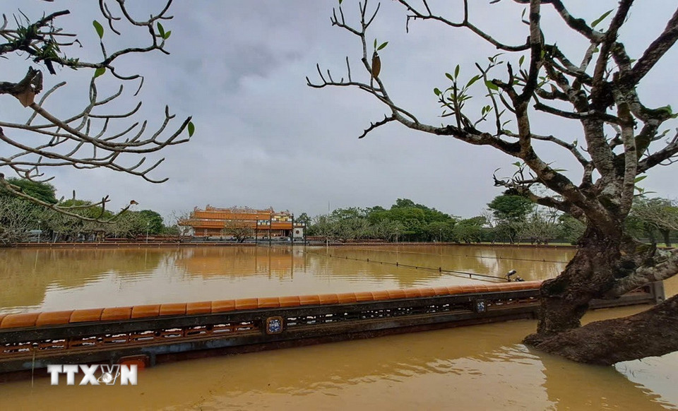 Ngập lụt trong Đại Nội Huế, thành phố Huế sáng 30/10. (Ảnh: Nguyên Lý/TTXVN)