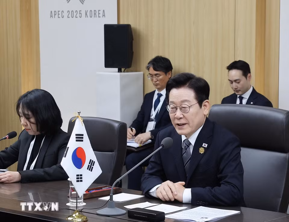 Tổng thống Hàn Quốc Lee Jae Myung phát biểu. (Ảnh: Lâm Khánh/TTXVN)
