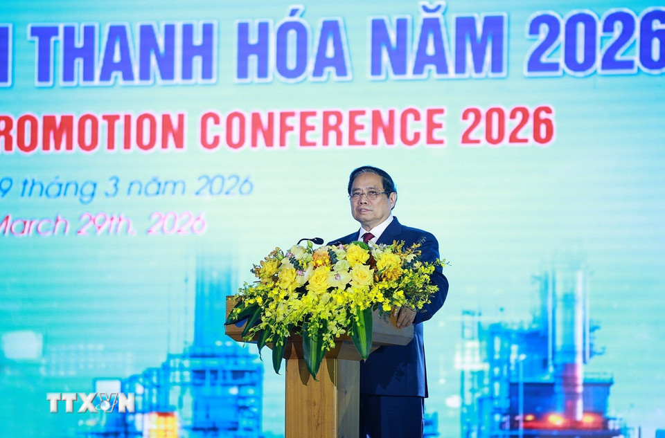 Thủ tướng Phạm Minh Chính phát biểu tại Hội nghị Xúc tiến đầu tư tỉnh Thanh Hóa năm 2026. (Ảnh: Dương Giang/TTXVN)