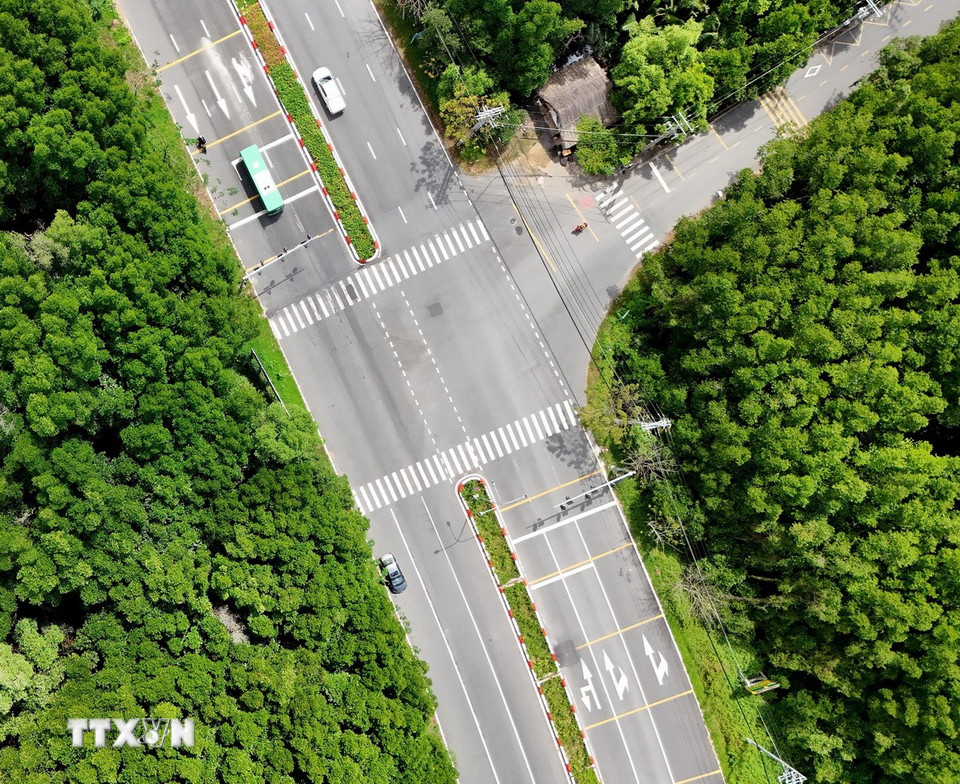 Đường Rừng Sác đoạn ngã ba Tam Thôn Hiệp đi khu du lịch Vàm Sát, xã Lý Nhơn. (Ảnh: Hồng Đạt/TTXVN)