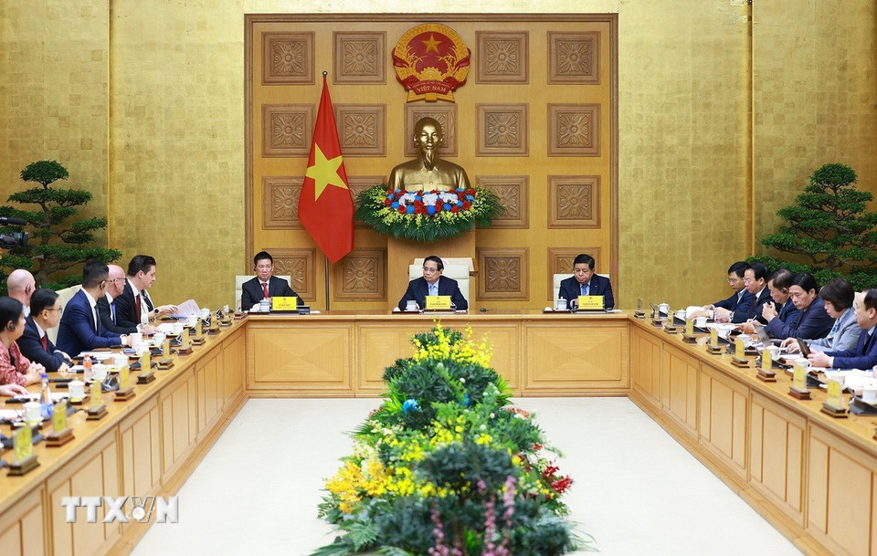 Thủ tướng Phạm Minh Chính và Phó Thủ tướng Hồ Đức Phớc, Phó Thủ tướng Nguyễn Chí Dũng chủ trì tọa đàm với các doanh nghiệp Hoa Kỳ. (Ảnh: Dương Giang/TTXVN)