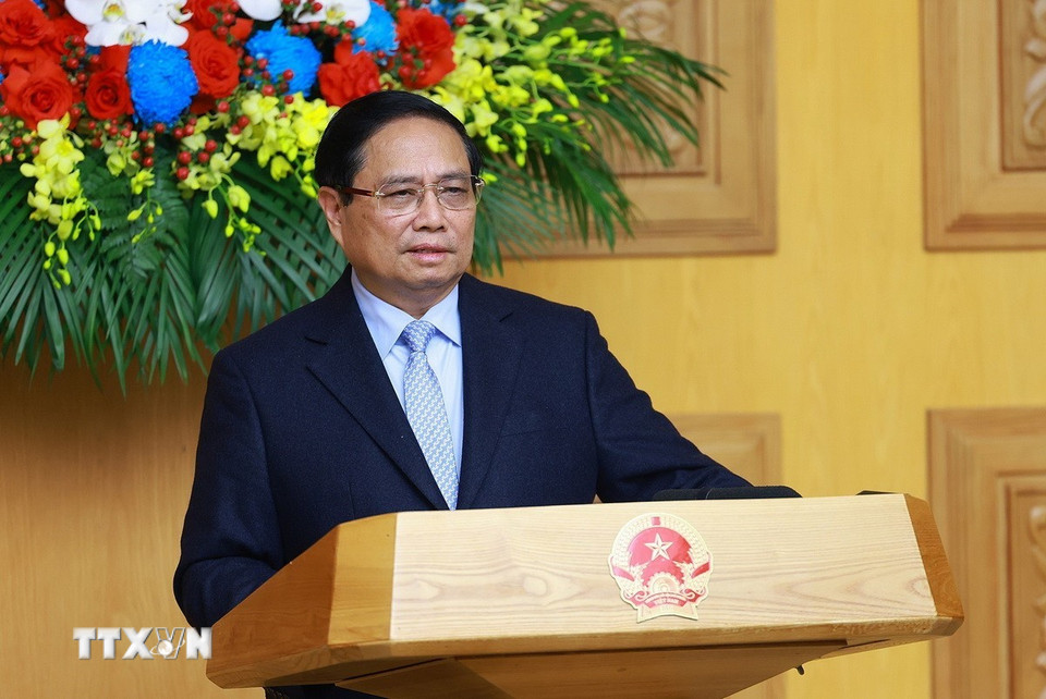 Thủ tướng Phạm Minh Chính phát biểu tại cuộc Tọa đàm với các doanh nghiệp Hoa Kỳ. (Ảnh: Dương Giang/TTXVN)