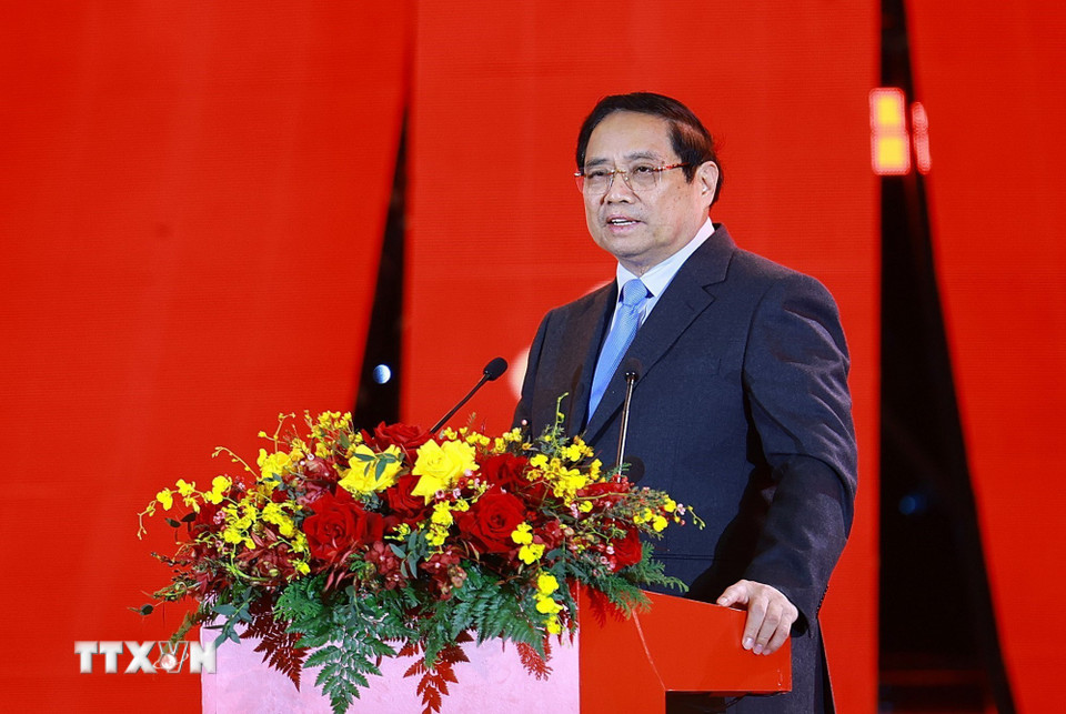Thủ tướng Phạm Minh Chính phát biểu tại Lễ khai mạc Hội chợ Mùa Xuân lần thứ nhất - năm 2026. (Ảnh: Dương Giang/TTXVN)