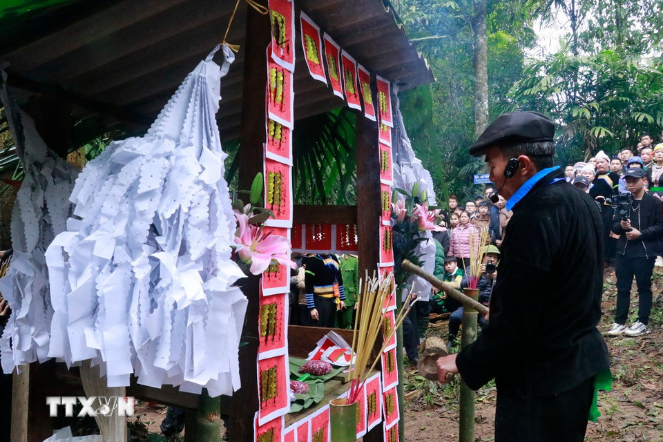 Thầy cúng thực hiện nghi lễ cúng thần rừng. (Ảnh: Đinh Thùy/TTXVN)