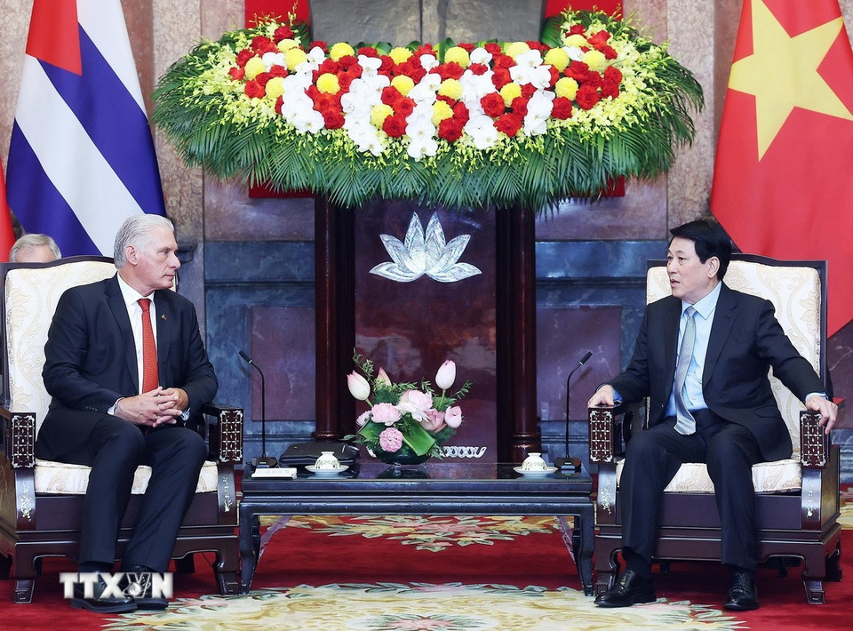 Chủ tịch nước Lương Cường hội kiến Bí thư thứ Nhất Đảng Cộng sản Cuba, Chủ tịch nước Cuba Miguel Díaz-Canel Bermúdez. (Ảnh: Lâm Khánh/TTXVN)