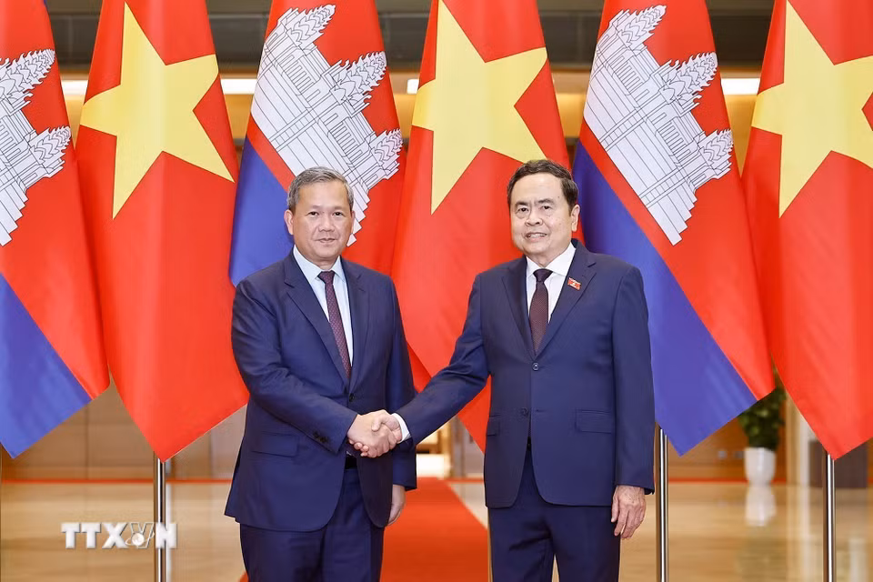 Chủ tịch Quốc hội Trần Thanh Mẫn hội kiến Thủ tướng Campuchia Hun Manet thăm chính thức Việt Nam và tham dự Diễn đàn Tương lai ASEAN lần thứ ba. (Ảnh: Doãn Tấn/TTXVN)