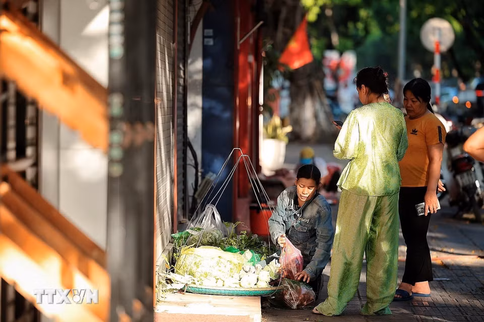 Từ sáng sớm, nhiều người đã tranh thủ đi mua thực phẩm, rau xanh. (Ảnh: Phạm Tuấn Anh/TTXVN)