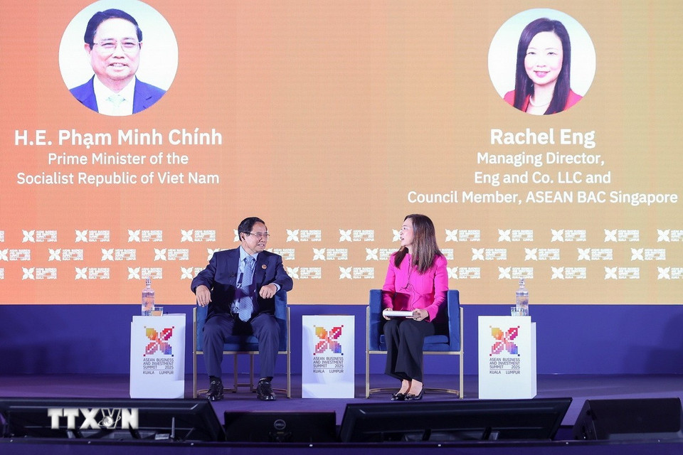 Thủ tướng Phạm Minh Chính tham dự Phiên Đối thoại Cấp cao tại Hội nghị Thượng đỉnh Kinh doanh và Đầu tư ASEAN (ABIS). (Ảnh: Dương Giang/TTXVN)