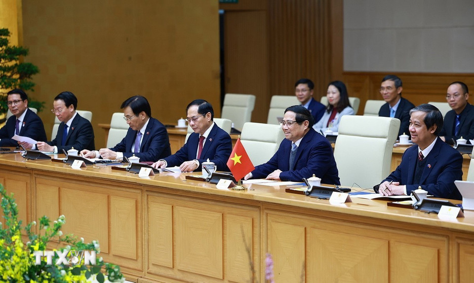 Thủ tướng Phạm Minh Chính phát biểu tại cuộc hội đàm với Thủ tướng New Zealand Christopher Luxon. (Ảnh: Dương Giang/TTXVN)