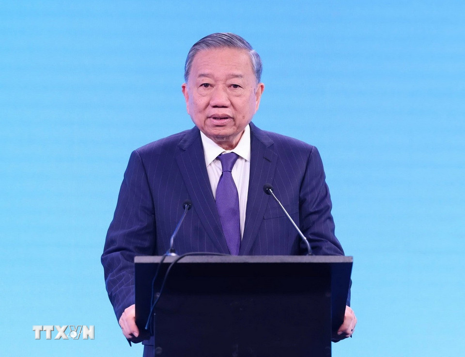 Tổng Bí thư Tô Lâm phát biểu tại Diễn đàn Doanh nghiệp Việt Nam-Liên bang Nga. (Ảnh: Thống Nhất/TTXVN)