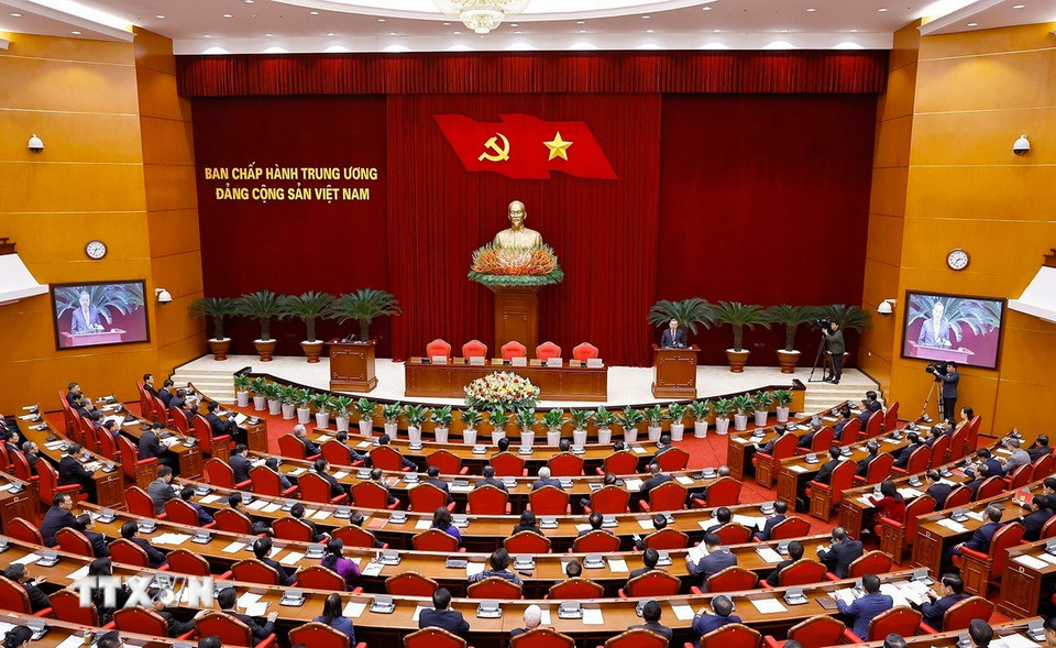 Quang cảnh phiên bế mạc Hội nghị Ban Chấp hành Trung ương Đảng khóa XIII. (Ảnh: Doãn Tấn/TTXVN)