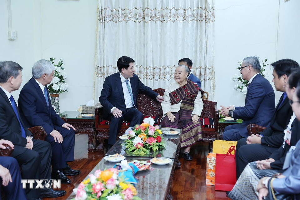 Chủ tịch nước Lương Cường đến thăm bà Thongvin Phomvinhane. (Ảnh: Lâm Khánh/TTXVN)